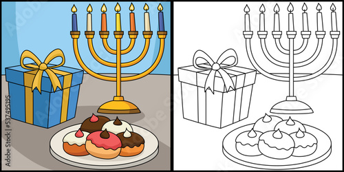 Hanukkah Sufganiyah Gift Coloring Illustration