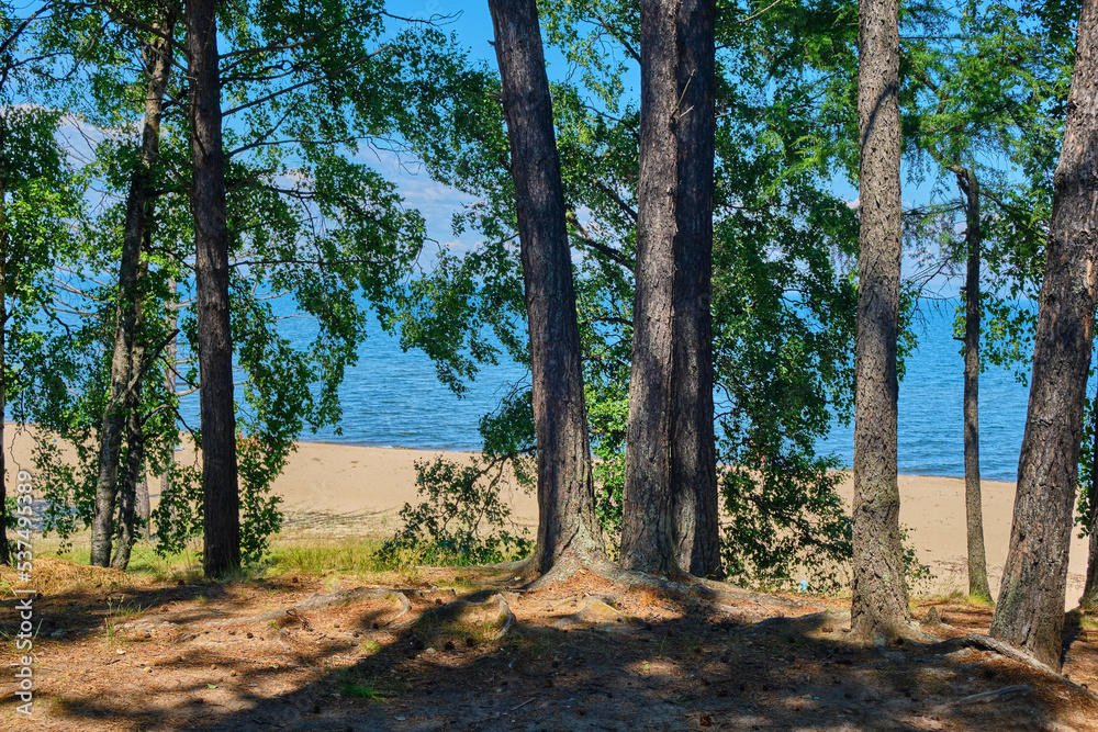 Lake Baikal coast, hill with forest, water bay. Summer travel, discovery of beauty of Earth. Siberia, Russia. Lake Baikal coast, hill with forest, water bay. Summer travel, discovery of beauty of Earth. Siberia, Russia.