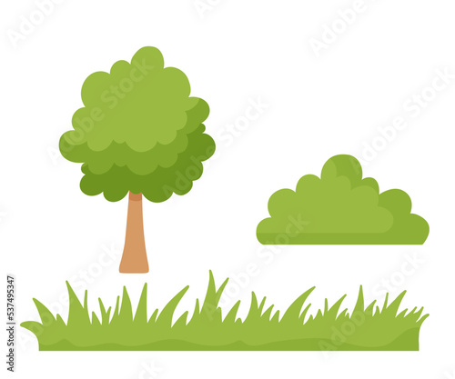 Tree, grass and bush isolated on a white background. Vector cartoon illustrations