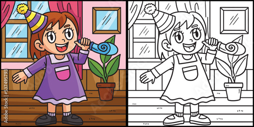New Year Child Blowing Horn Coloring Illustration