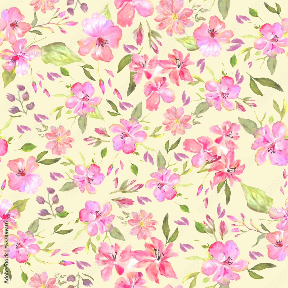 Watercolor seamless pattern with abstract different pink flowers, leaves, branches. Hand drawn floral illustration isolated on yellow background. For packaging, wallpaper, wrapping design or print Watercolor seamless pattern with abstract different pink flowers, leaves, branches. Hand drawn floral illustration isolated on yellow background. For packaging, wallpaper, wrapping design or print