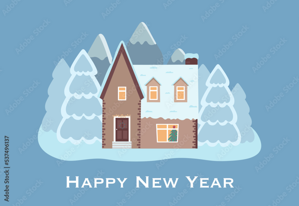 Obraz premium Vector illustration of isolated decorated buildings, New Year and Christmas houses on nature background. Holiday and celebration, winter architecture