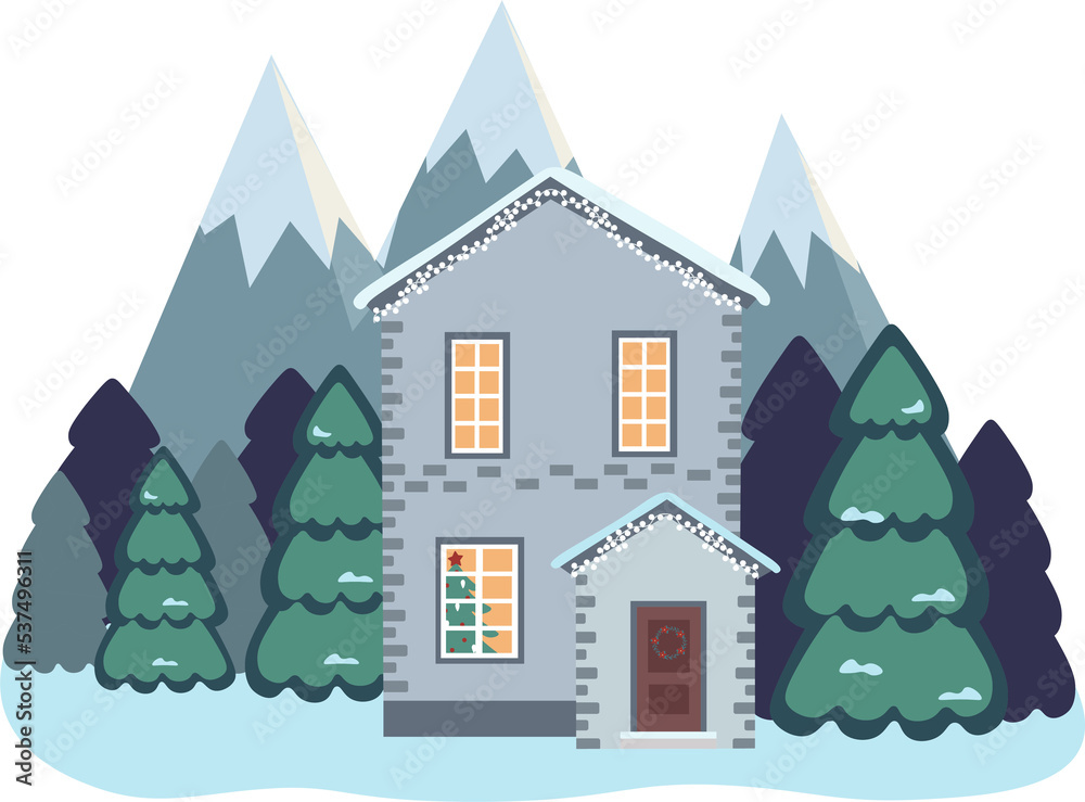 Vector illustration of isolated decorated buildings, New Year and Christmas houses on nature background. Holiday and celebration, winter architecture