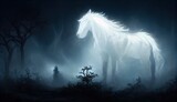 Mythical white horse in the fantasy dark fairy forest landscape - digital illustration.