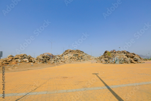 Muslims at Mount Arafat (or Jabal Rahmah) in Saudi Arabia. This is the place where Adam and Eve met after being overthrown from heaven. photo