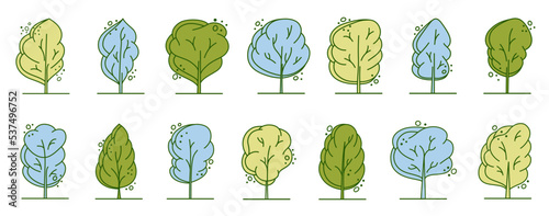 Tree for architectural plans. Entourage design. Various trees, bushes, and shrubs, frontal view for the landscape design plan. Vector illustration.