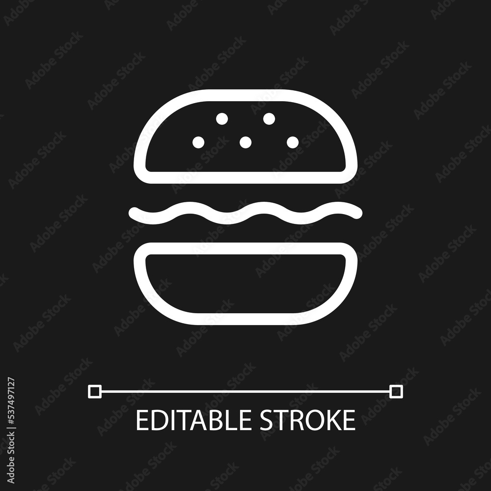 Burger pixel perfect white linear ui icon for dark theme. Substantial meal. Fast food lunch. Vector line pictogram. Isolated user interface symbol for night mode. Editable stroke. Arial font used Burger pixel perfect white linear ui icon for dark theme. Substantial meal. Fast food lunch. Vector line pictogram. Isolated user interface symbol for night mode. Editable stroke. Arial font used