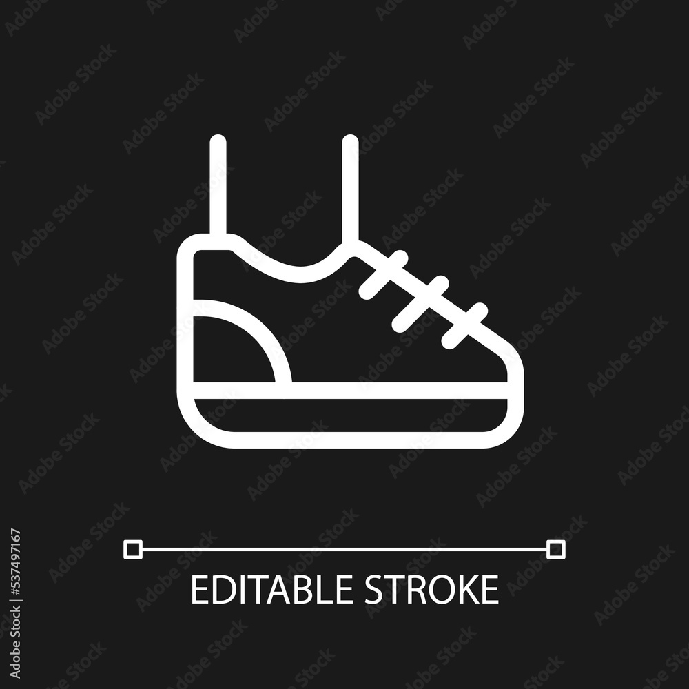 Sneaker pixel perfect white linear ui icon for dark theme. Sport footwear. Running and jogging. Vector line pictogram. Isolated user interface symbol for night mode. Editable stroke. Arial font used Sneaker pixel perfect white linear ui icon for dark theme. Sport footwear. Running and jogging. Vector line pictogram. Isolated user interface symbol for night mode. Editable stroke. Arial font used