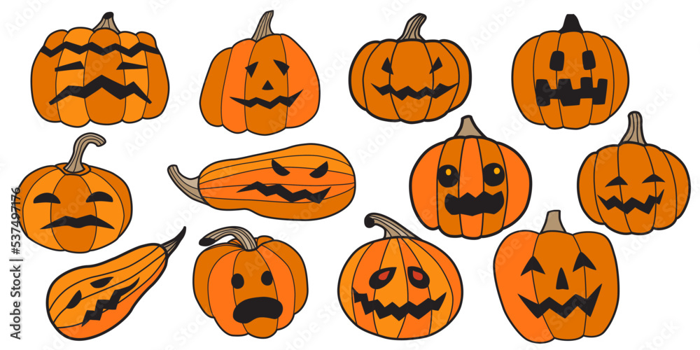Mega super bundle with pumpkins. Set of Halloween pumpkins. Pumpkins with different faces, emotions of fear, fright, smiles. Flat doodle style, with contour black stroke, orange, yellow color. Vector