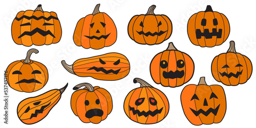 Mega super bundle with pumpkins. Set of Halloween pumpkins. Pumpkins with different faces, emotions of fear, fright, smiles. Flat doodle style, with contour black stroke, orange, yellow color. Vector