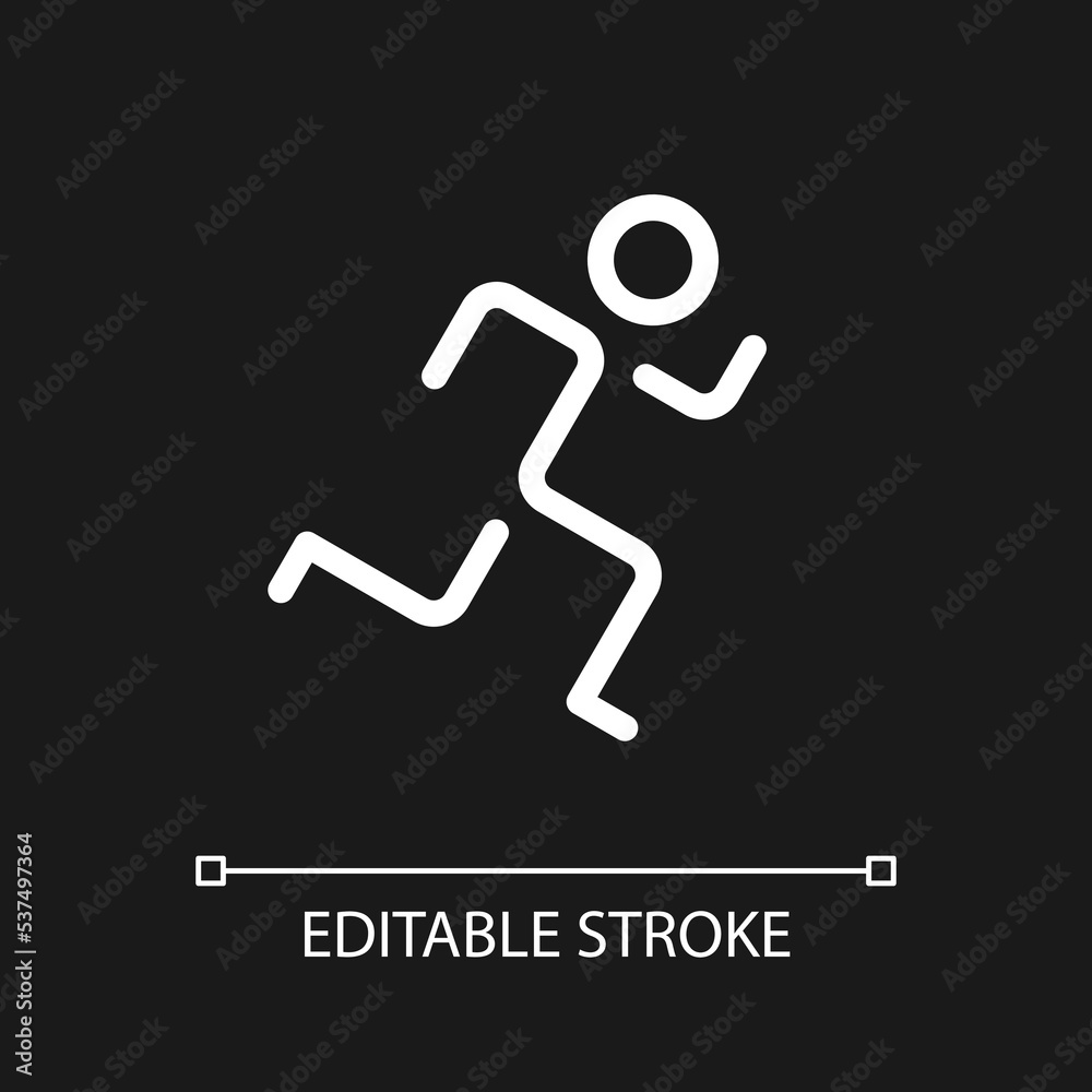 Running pixel perfect white linear ui icon for dark theme. Active lifestyle. Jogging practice. Vector line pictogram. Isolated user interface symbol for night mode. Editable stroke. Arial font used Running pixel perfect white linear ui icon for dark theme. Active lifestyle. Jogging practice. Vector line pictogram. Isolated user interface symbol for night mode. Editable stroke. Arial font used