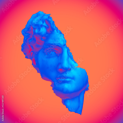 Abstract illustration from 3D rendering of a broken head fragment made of marble of a classical male sculpture isolated on background in colorful vaporwave pop colors.