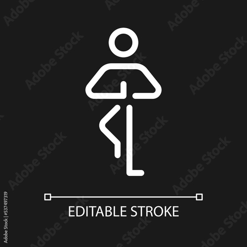 Tree pose pixel perfect white linear ui icon for dark theme. Yoga pose. Balancing asana. Vector line pictogram. Isolated user interface symbol for night mode. Editable stroke. Arial font used