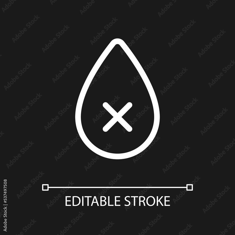 Dehydration pixel perfect white linear ui icon for dark theme. Restriction and prohibition. Vector line pictogram. Isolated user interface symbol for night mode. Editable stroke. Arial font used