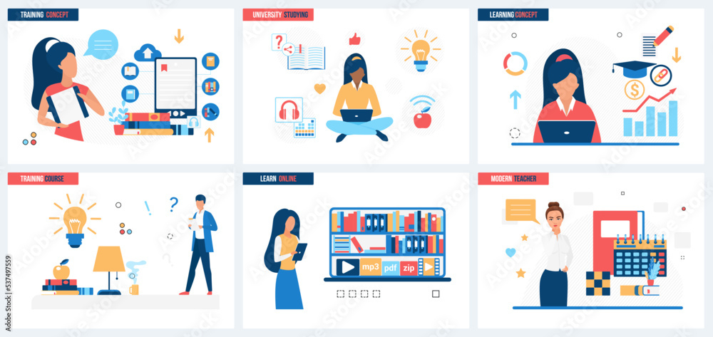 Online education, library app set vector illustration. Cartoon modern teacher teaching students at lecture, online lesson, study technology concept for banner, website design or landing web page