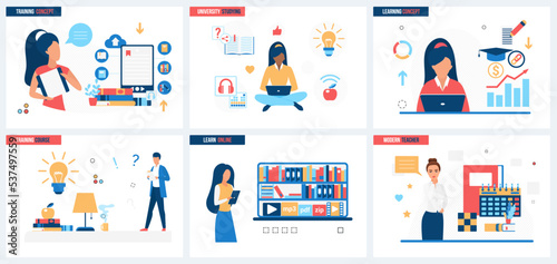 Online education, library app set vector illustration. Cartoon modern teacher teaching students at lecture, online lesson, study technology concept for banner, website design or landing web page