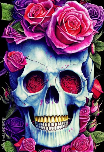 Human skull and roses flowers - Halloween theme or celebration of the dead. Colorful vintage vibe gouache watercolor art skeleton portrait with a creepy teeth grin. 