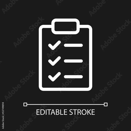 Checklist pixel perfect white linear ui icon for dark theme. Wellness to do list. Questions form. Vector line pictogram. Isolated user interface symbol for night mode. Editable stroke. Arial font used © bsd studio