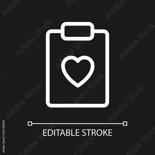Health record pixel perfect white linear ui icon for dark theme. Medical history. Heart checkup. Vector line pictogram. Isolated user interface symbol for night mode. Editable stroke. Arial font used