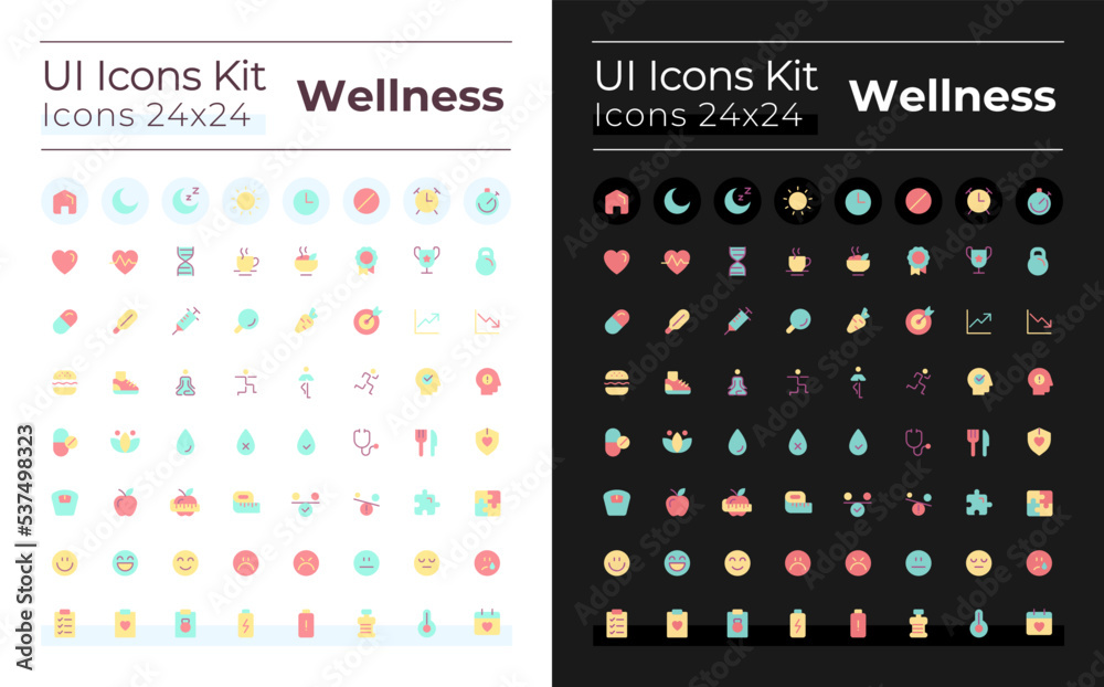 Wellness flat color ui icons set for dark, light mode. Active and healthy lifestyle. GUI, UX design for mobile app. Vector isolated RGB pictograms. Montserrat Bold, Light fonts used