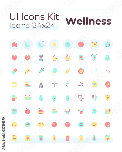 Health and wellness flat color ui icons set. Lifestyle. Physical and mental wellbeing. GUI, UX design for mobile app. Vector isolated RGB pictograms. Montserrat Bold, Light fonts used