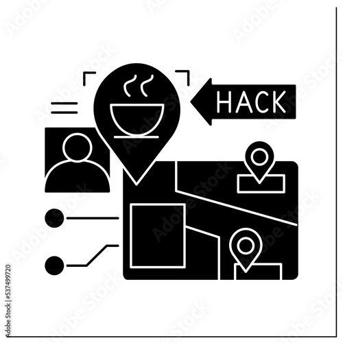 Hacker attack glyph icon. Waterhole attack. Concept of personal data safety in public places and virus injection hacking technologies.Filled flat sign. Isolated silhouette vector illustration