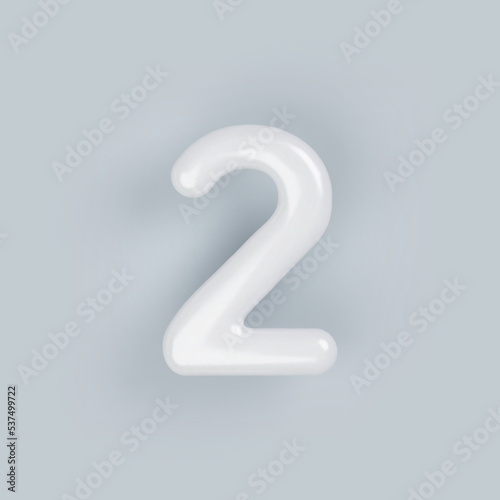 3D White plastic number 2 with a glossy surface on a gray background.