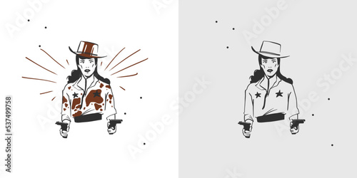Hand drawn abstract vector graphic clipart illustration boho cowgirl in hat portrait.Western female design concept.Bohemian wild west contemporary art.Cowboy girl modern drawing.American cowgirl logo.