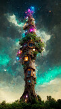 Magic house from a tree trunk. A place where magical creatures live. Tree house, dreamland. Fairy tale night. Ai digital art illustration.
