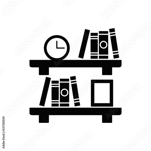 Bookshelf icon in black flat glyph, filled style isolated on white background