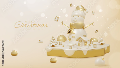 Luxury background with snowman on golden podium and 3d realistic christmas ornaments and sparkling light effect with bokeh decorations and snow. Vector illustration.