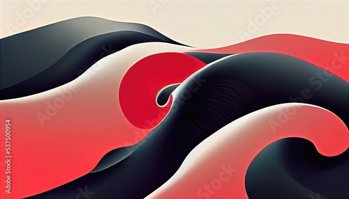 Traditional Japanese ukiyoe style with red and black waves. Wave shape like Hokusai Katsushika, graphic design element background.