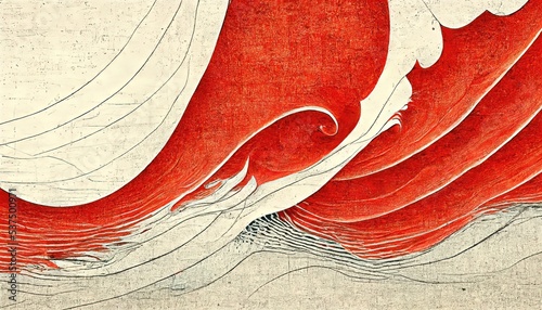White and red cartoonish lines bordered by Japanese ukiyo-e style. Wave shape like Hokusai Katsushika, graphic design element background.