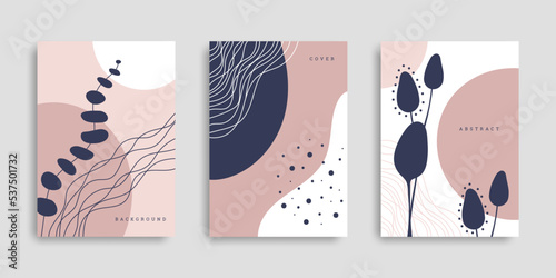 Botanical wall art set. Plants and abstract shapes in hand drawn style. Contemporary posters with branches and wavy shapes. Vector illustration. Design for print poster, cover, wallpaper.