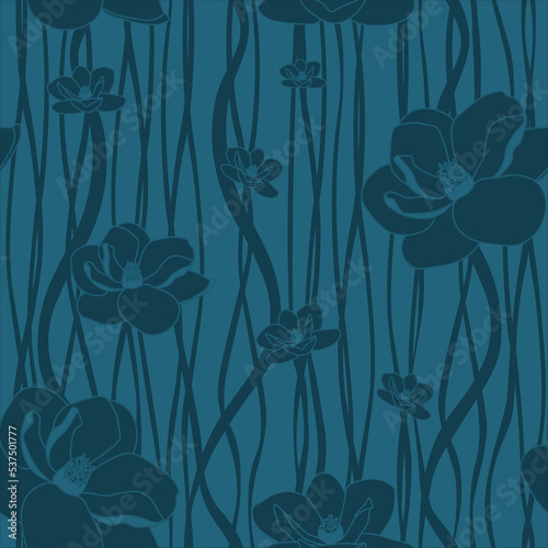 Floral seamless pattern with water lilies on blue background.
