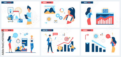 Business company development, marketing strategy success and leadership set vector illustration. Cartoon leaders work on financial performance, concepts for banner, website design or landing web page