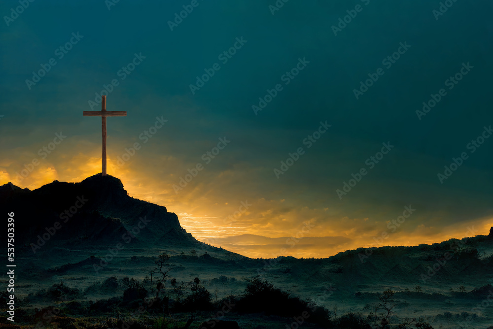 Silhouette of christian cross on mountain hill background. Copy space. Faith symbol. Church worship, salvation concept. Faith symbol in Jesus Christ. Holy cross for Easter day. Christianity Silhouette of christian cross on mountain hill background. Copy space. Faith symbol. Church worship, salvation concept. Faith symbol in Jesus Christ. Holy cross for Easter day. Christianity