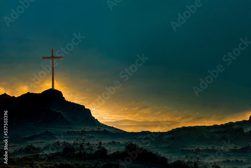 Fotografie, Obraz Silhouette of christian cross on mountain hill background