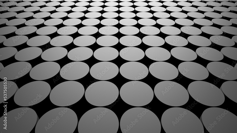 Obraz premium Metallic gray rows of circular objects or cylinders in line, abstract perspective background or backdrop with copy space for text