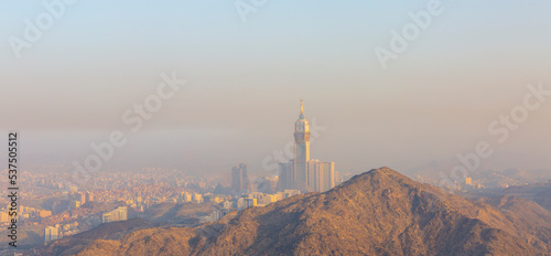 City view of zamzam tower and a foggy makkah morning