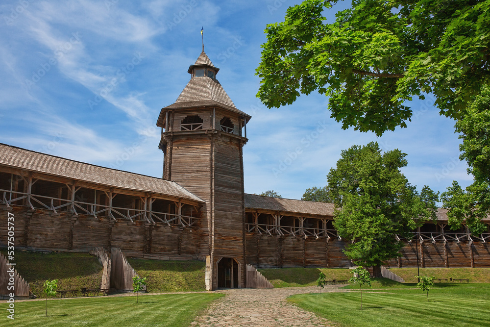 Reconstruction of historic wooden fortress in Baturyn, Chernihiv region, Ukraine