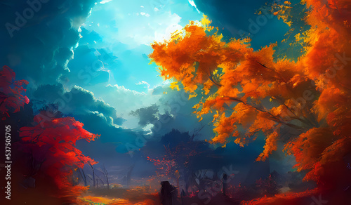 Colorful autumn foliage against a blue sky. Generative AI creation. © MoonDigger