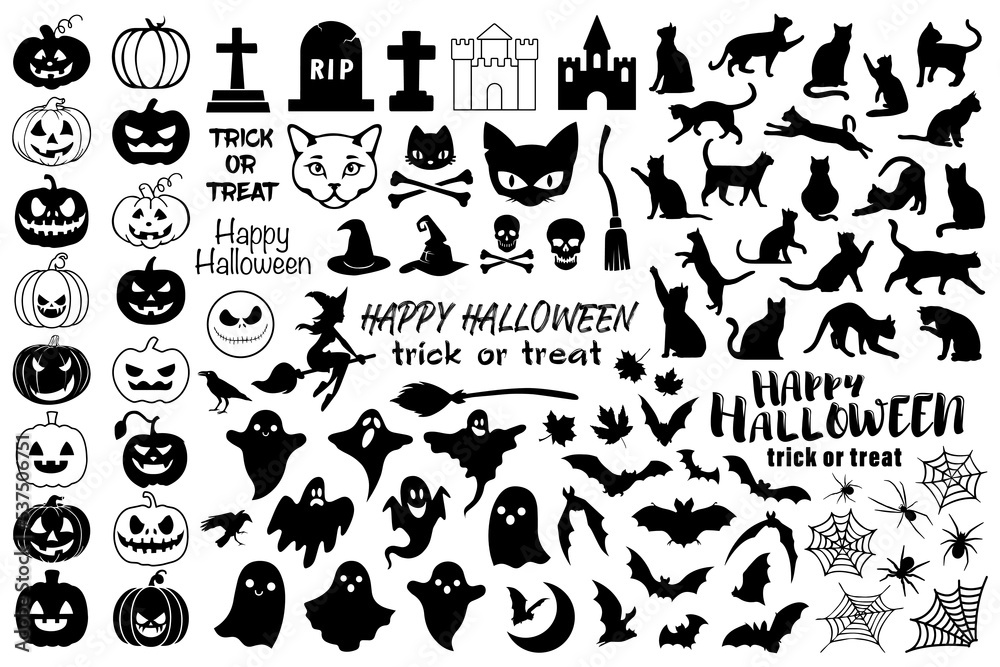 Holiday collection of a black silhouettes for Halloween. Gothic sticker pack as prints, patterns for graphic or fashion design.