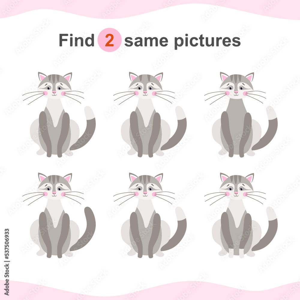 Fototapeta premium Find two same pictures with cute grey cats. Educational game for children.
