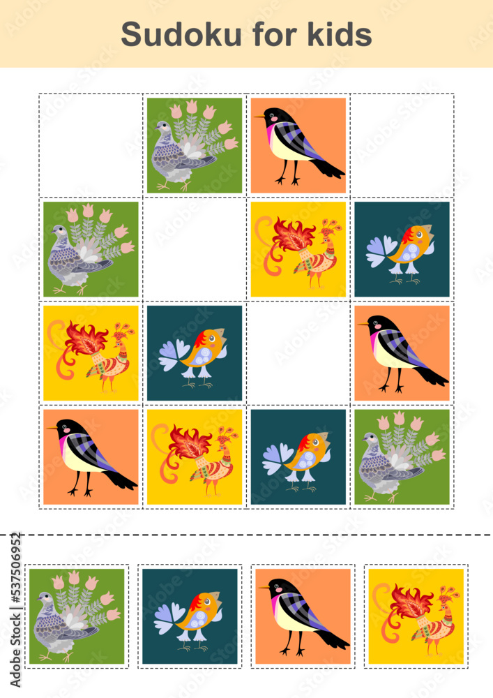 Sudoku for kids with birds. Puzzle game for children. Logical thinking training.