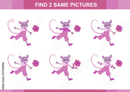 Educational game for kids. Find two same pictures with cute mouse with flower