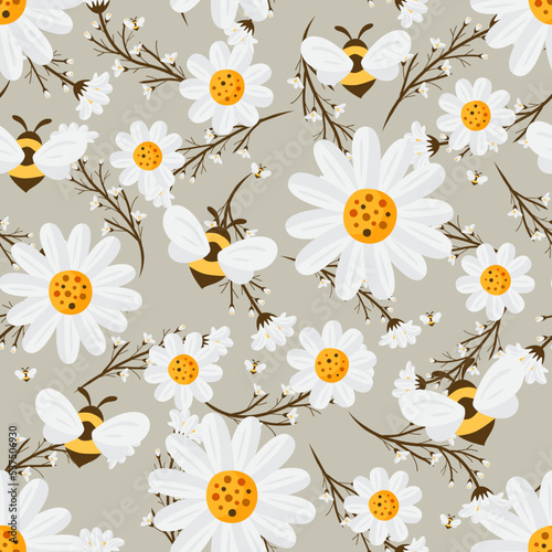 Floral vector artwork for apparel and fashion fabrics, White daisy flowers wreath ivy style with branch and leaves. Seamless pattern background.