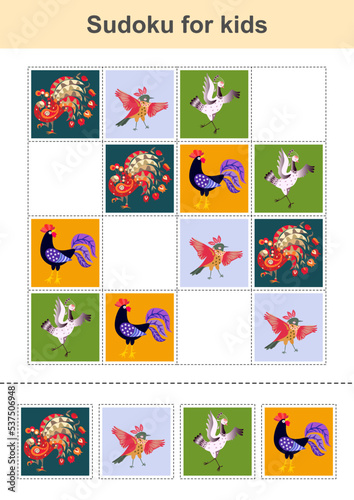 Sudoku for kids with colorful birds. Educational game for children.