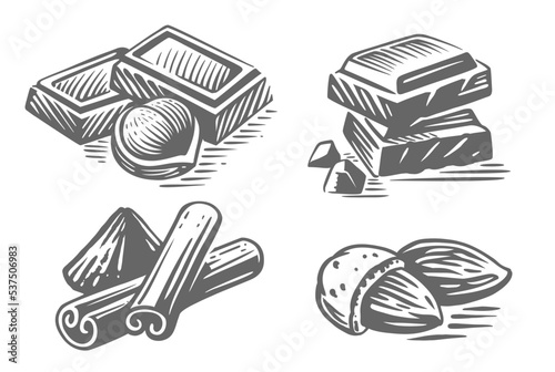 Chocolate sketch. Pieces of chocolate bar.