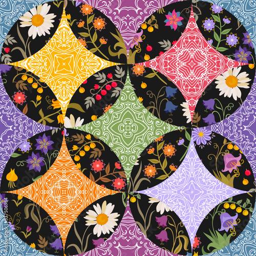 Colorful seamless patchwork pattern with floral patches and lace ornaments. Print for home textile.